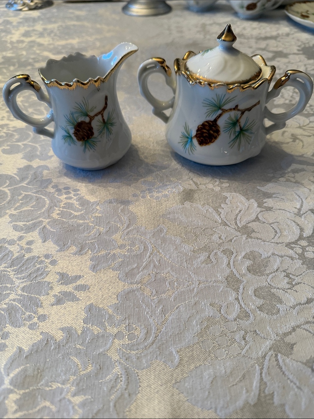 “Pine Cone” pattern fine China, sugar bowl and creamer set by Norcrest
